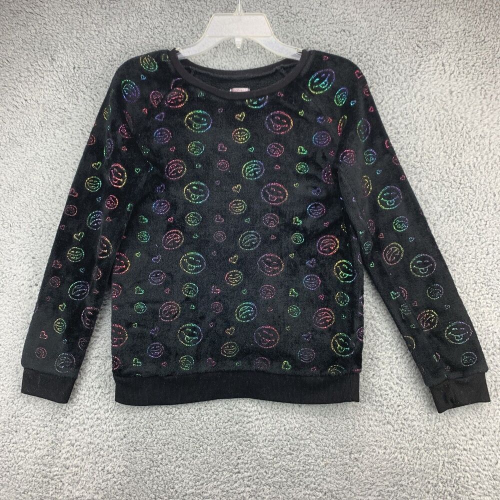 Green Soda Girls XL Fleece Sweater Black Emoji Heart Print Glittery Waistbanded